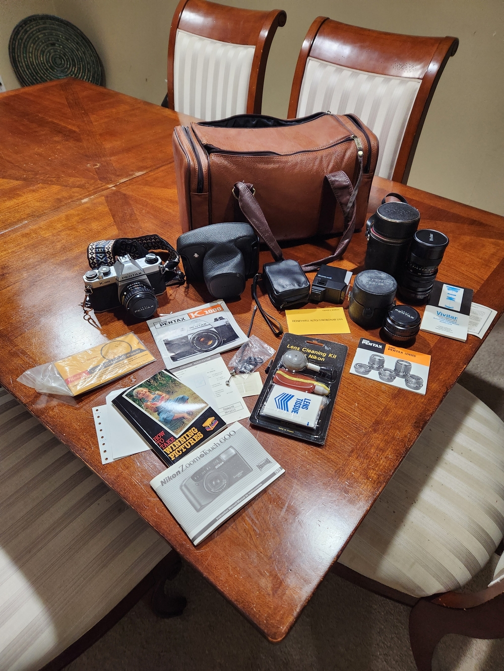 Vintage Pentax Camera Kit with Brown Leather Camera Bag and Black Lenses